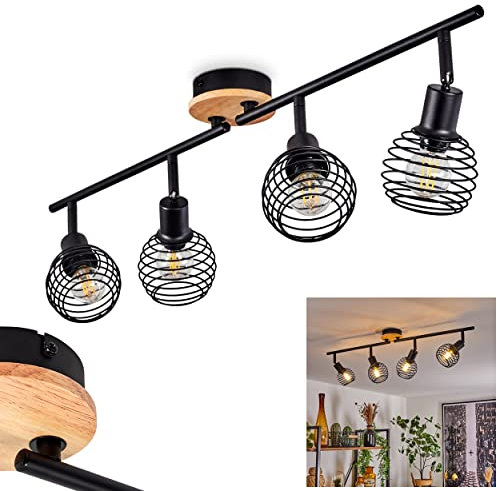 Deckenleuchte Ballis, Deckenlampe aus Metall/Holz in Schwarz/Natur, Vintage Leuchte mit verstellbaren Schirmen in Spiral-Optik und Lichteffekt, 4-flammig, 4 x E14, ohne Leuchtmittel