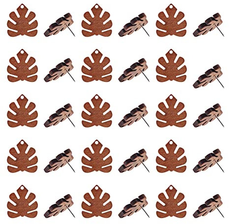 PandaHall 20 Pairs Walnut Wood Stud Earring Findings Monstera Leaf Shape Wood Earring Post with Stainless Steel Pin for Dangle Earring Jewelry Making, Coconut Brown