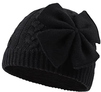 XIAOHAWANG Baby Mütze Mädchen Strickmütze Kinder Wintermütze Warm Kindermützen Mit Schleife(Schwarz, Gr.S(0-6Monate)
