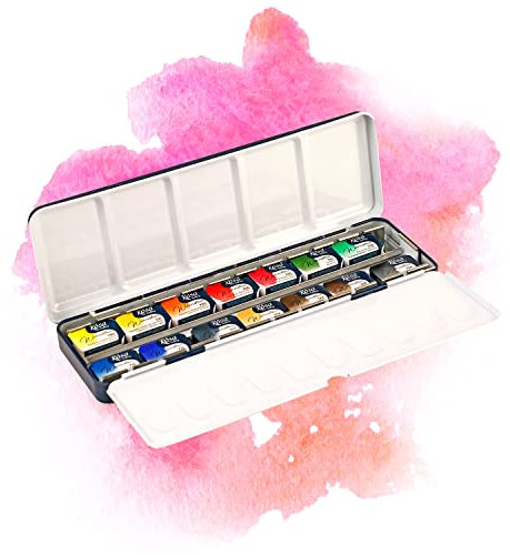 7 Artists Aquarellfarben Rosa Gallery Set – 14 x Näpfchen Lebendige Farben Wasserfarbe, Hochwertige Künstler-Aquarell im Mehrzweck-Metallkasten mit Mischpalette, Künstler Aquarellkasten