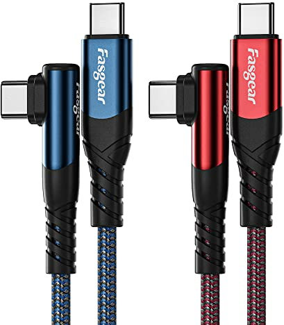 Fasgear USB C to USB C cable, 2 Pack 3m 60W Type C to Type C Right Angle 90 Degree, PD Fast Charging Charger Lead Compatible for Galaxy S22 S21 Mac-Book i-Pad Pro (10ft, Blue&Red)