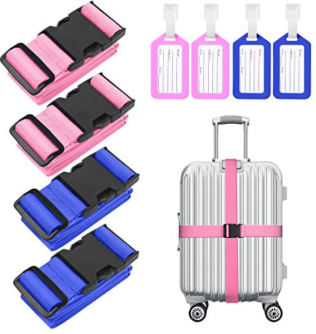 Flintronic 4 Stück Premium Gepäckgurt Koffergurt Kofferband Einstellbare rutschfest Gepäckband Lang kofferbänder Luggage Strap + 2 Stück Kofferanhänger Sicher Reisen für Koffer-Rosarot + Dunkelblau