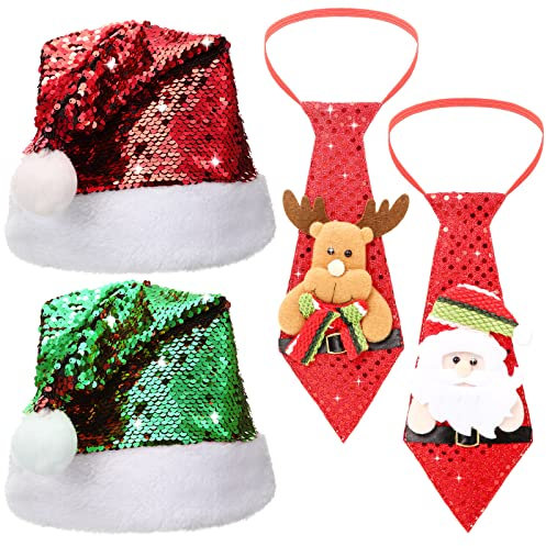 Weihnachtsmützen und Krawatte, Weihnachtsmützen und Krawatte, glänzende Pailletten, Hut mit Streichhölzern, Glitzer-Weihnachtsmütze und Weihnachtsmann, Schneemann, Hirsch, Krawatten, Flip-Pailletten