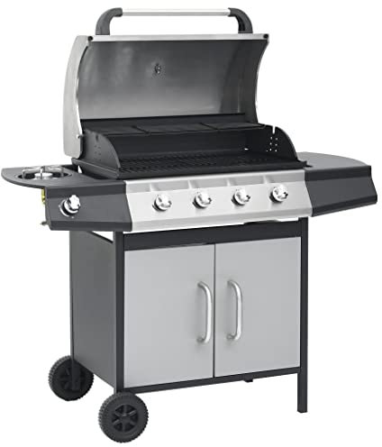 Gasgrill mit 4 Brenner und 1 Seitenbrenner, BBQ Station Grill mit Fettauffangschale & Thermometer, Abdeckhaube & Rollen, Grillwagen Gusseisen Grillrost Grillstation Camping, Schwarz und Silbern
