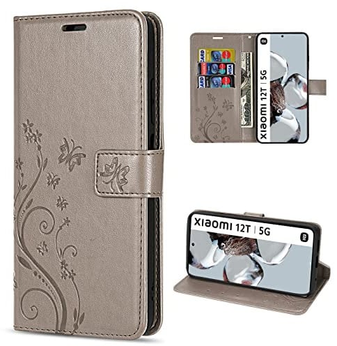 betterfon Hülle Kompatibel mit Xiaomi 12T / 12T Pro | Premium PU Leder Handyhülle Wallet Case für 12T / 12T Pro | Schutzhülle Blumen Klapphülle Handyhülle | Grau