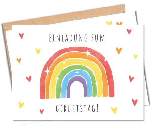 MeinBaby123® 10 Einladungskarten Kindergeburtstag Mädchen und Jungs | süße Geburtstagseinladungen für Kinder | Regenbogen | inkl. 10 Briefumschläge | Premium Qualität (Regenbogen bunt V1)