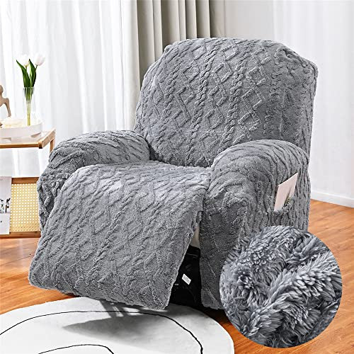 FANSU Stretchhusse für Relaxsessel Komplett Sesselbezug, Jacquard Plüsch 8-Teilig Sesselschoner für Recliner Stuhl Sessel, Stretch Sofabezug, Elastisch Bezug für Fernsehsessel Liege (3 Sitzer,grau)
