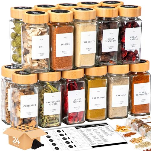 FINESSY Lot de 24 pots à épices en verre de bambou avec étiquettes et couvercles shaker - Transparents - 113,4 g - Lot de 24 bouteilles à épices en verre avec étiquettes, pots de rangement pour