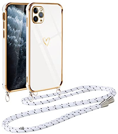 Vauki Handykette für iPhone 11 Pro Max Hülle mit Band, Handyhülle mit Kette, Herz Motiv, Ultra Dünn Stoßfeste Aesthetic Case mit Kordel zum Umhängen für iPhone 11 Pro Max 6.5 Zoll, Weiß