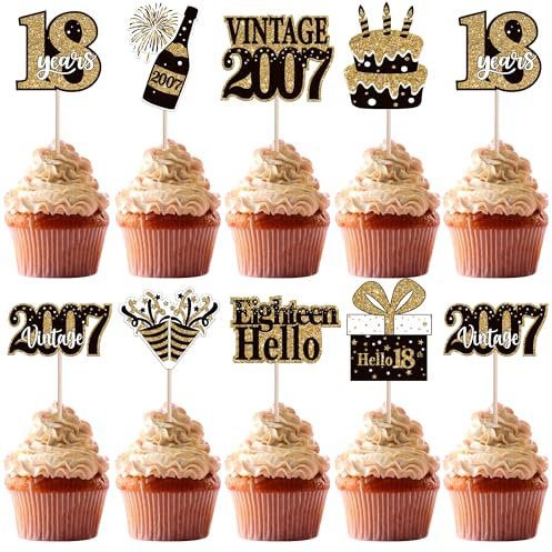 SYKYCTCY 36 PCS Happy 18th Birthday Cupcake Toppers Double Sided Eighteen Hello 18 Vintage 2007 Cupcake Picks Cheers to 18 Years 18 Fabulous Cake Decorations for 18th Birthday Party Supplies