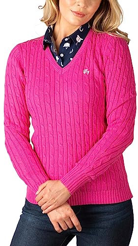 Ladies V Neck Cable Knit Jumper Womens Chunky Knitted Jumper Pullover Sweater (UK, Numeric, 8, Regular, Regular, Bonbon)