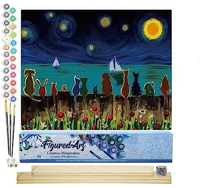 Figured'Art Peinture par Numéro Adulte Nuit étoilée et Animaux de dos - Activité Manuelle Kit de Loisir Créatif DIY Numéro d'Art Complet - 40x50cm avec châssis en bois à monter