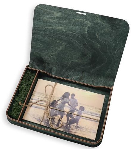 woodmanucom Foto Aufbewahrungsbox mit Deckel Gravur mit moos, Holzkiste Fotokiste, Holzbox Geschenkbox, Box für Fotos, Fotoalbum-Box Aufbewahrungsbox Holz Personalisiert (10x15, Bottle Green)