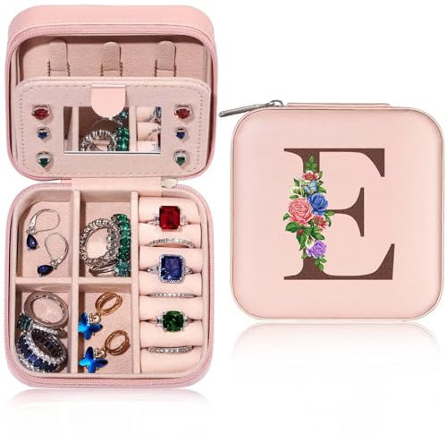 TINGN Geschenk für Frauen - Initiale Schmuckkästchen mit Blume und E Kleine Schmuckkästchen Reise Schmuckschatulle mit Spiegel für Damen Mädchen