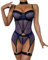 EVELIFE Dessous Set für Damen Sexy Gothic Bodysuit Strapsen Oberschenkel Strumpfgürtel Halsreif Unterwäsche Babydolls ohne Strümpfe (Blau,M)