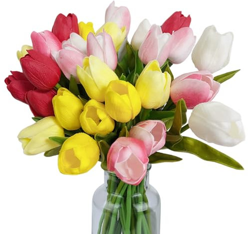 Künstliche Tulpen, gemischte Farben, 33 cm Höhe, fühlen sich echt an, PU-Tulpenstiele in 6 verschiedenen Farben für selbstgemachte Blumensträuße, Hochzeit, Muttertag, Ostern, Frühlingsmotive