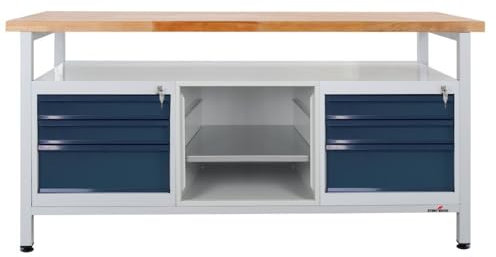 Steinbock Werkbank mit 6 Schubladen und Regalabteil | 500 kg Tragkraft | HxBxT 84 x 170 x 60 cm | 4 cm Starke Massivholz-Arbeitsplatte | stabiles Stahlgestell | Made in EU | Profi-Werktisch