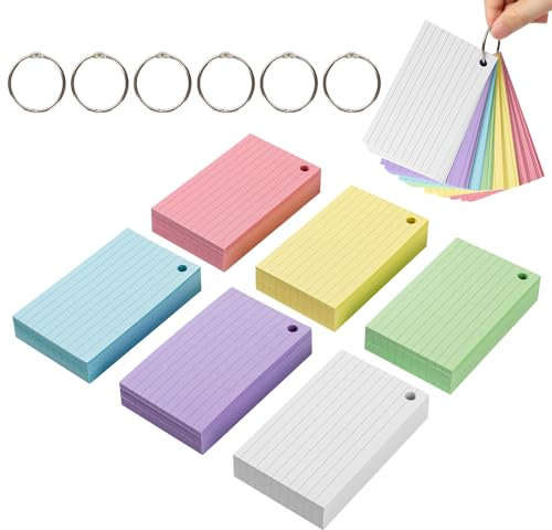 SIYOMG Flash Cards - 600PCS Index Cards, 125 x 75mm Revision Cards, Punched Cue Cards with 6 Metal Binder Rings, Colour Record Cards for Studying Office Working School Learning