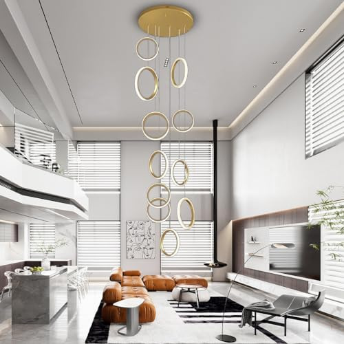 RuiRfh Kronleuchter Moderne große Treppe Pendelleuchte 15 Lichter LED kreativer Goldener Aluminiumring Treppenlicht Villa Foyer dimmbar eingebettete hohe Decke Hängelampe mit Fernbedienung (Color : W