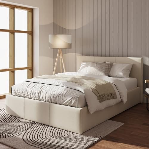 GFW Fabric Upholstered Ottoman Storage Bed With Gas Side Lift & Under Bed Storage, Natural, King (U.K. Standard)