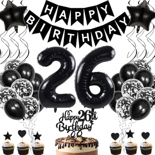 Anlgdi Geburtstagsdeko 26 Jahre Mann Frau, Luftballons 26. Geburtstag Dekoration, Schwarz Tortendeko Geburtstags 26 Jahre Frauen, Folienballon Zahl 26 Schwarz, Deko 26. Geburtstag Männer