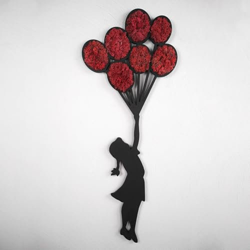ebenkunst | Moosbild - Mädchen mit Ballons - Wanddekoration aus Holz, HDF-Schwarz, Größe 74x28x1cm, konserviertes Moos, handgefertigte Wandkunst (Rot)