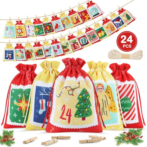 Calendario Dell'avvento 2025 Bambini Donna Uomo, riempire grande Avvento Fai da te, Sacchetti Calendario Avvento con Coulisse, Clip e Corda