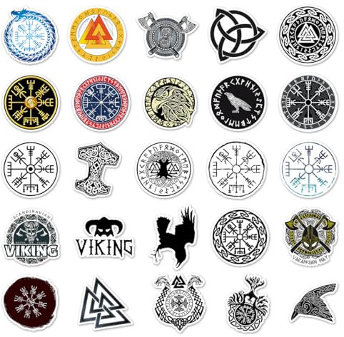 HUHAUST 50Pcs Wikinger Deko Viking Totem Aufkleber, Nordische Runendekoration Dekoration Vinyl Sticker für Sammelalbum, Laptop, Auto, Wasserbecher, Kinder, Teenager