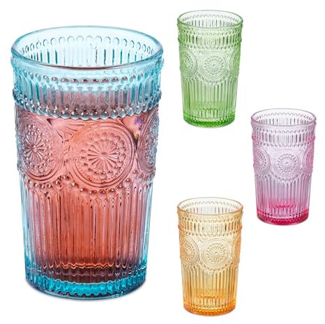 Relaxdays Trinkgläser 4er Set, Wassergläser, Vintage-Design, spülmaschinenfest, für Saft, Limo, Eistee, 360 ml, bunt