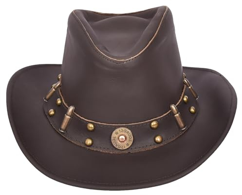 Real Leather Bullet Ornament Cowboy Western Australian Bush Hat HL3345 Brown (UK, Alpha, XXL, Brown)