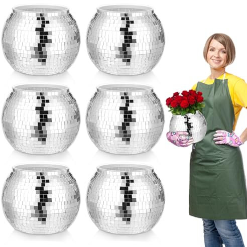 6 Pcs Disco Ball Vase,Plastic Disco Ball Centerpieces Silver Disco Ball Planter Mirror Disco Ball Ice Bucket Disco Ball Decor Can Be Used for Wedding Centerpieces,Birthday,Office(9 Inch)
