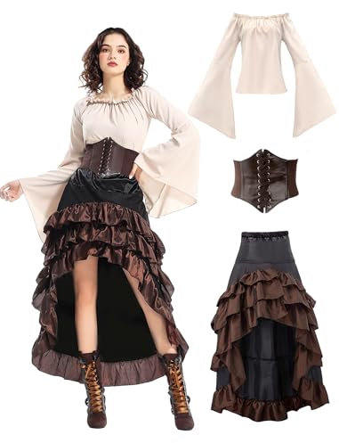 minkasic Lot de 3 costumes de pirate médiévale pour femme - Avec corset de pirate - Haut et jupe - Costume de carnaval pour Halloween, carnaval, cosplay (marron, M)