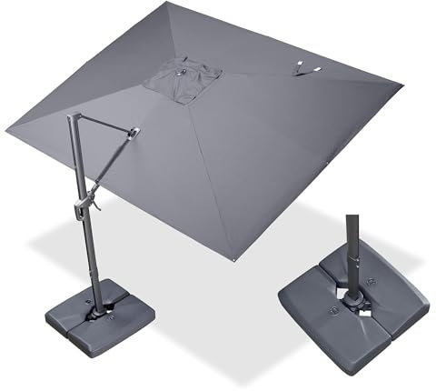 PURPLE LEAF Parasol Déporté 2,7 × 3,5 m Rectangulaire Toile Imitation Acrylique Protection UV avec Socle, Parasol de Jardin Extérieur Aluminium Hauteur Réglable et Rotation à 360°, Gris foncé