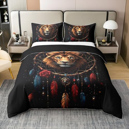 100% Baumwolle Löwe Bettdecke Abdeckung 155x220 für Teenager Dreamcatcher Trostdecke Abdeckung Boho Feder Blumen Rote Rose Bettwäsche Set Amerikanische Tiere Bettbezug Exotische Böhmische Zimmer Dekor