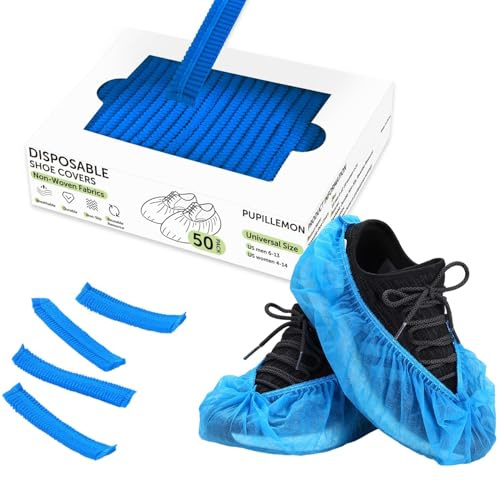 PUPILLEMON 100 Pièces Surchaussures Jetables en Non Tissé, Surchaussures Antidérapantes Résistantes, Couvre-Chaussure pour Protection Chaussure et Sol, Jusqu'à Pointure 47 (Bleu)