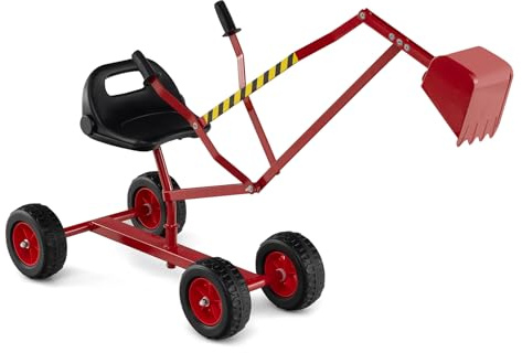 GYMAX Kids Ride on Digger, Children Construction Excavator with 2-Handed Controls, 360° Rotatable Function&4 Wheels, Outdoor Beach Sandbox Toy Excavator for Sand Dirt Snow (Black+Red, 123x40x66cm)