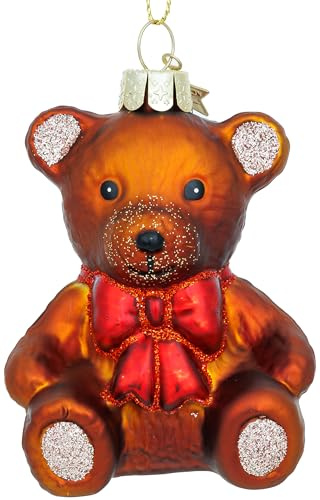 SIKORA Teddy Bär mit Schleife besondere Weihnachtskugel Glas Christbaumschmuck Deko Figur Weihnachten Anhänger Ornament - Trend Line - BS008