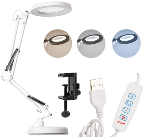 Lumiled LED Lupenlampe 8W 400lm Schwenkarm 3x Vergrößerung Lupe mit Licht und Ständer Klemme Dimmbar USB Schreibtischlampe Arbeitsplatzlampe Weiß 3 Farbmodi Glaslinse Kosmetiklampe Basteln Lesen