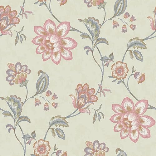 HaoCaihwhui Vintage Floral Peel and Stick Wallpaper, 44x300 cm, Coral Pink & Sage Green Jacobean Self-Adhesive Vinyl, Water Resistant Wall Decor for Living Room, Bedroom, Kitchen