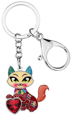 BONSNY Émail- Alliage Cœur Strass Mingon Chat Chaton Porte-clés pour Femmes Filles Clés de voiture Sacs Animaux Amoureux Cadeaux Accessoires Charms (Rouge)