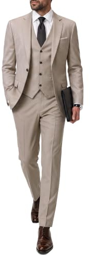 MrSure Herren 3-teiliger Anzugblazer, Slim Fit Smoking mit einem Knopf, Jacke, Weste, Hose & Krawatte Set für Party, Hochzeit und Business, Beige, M