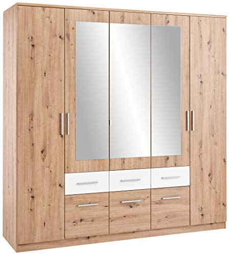 Avanti Trendstore - Floriana - Drehtürenschrank mit 2 Holz-, 3 Spiegeltüren und 6 Schubkästen. Hergestellt aus Holzdekor in der Farben Eiche Artisan/Anthrazit. Maße BHT 212x213x60 cm