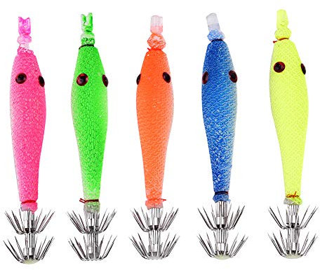 Demeras 5 pz Calamari Ami da Pesca Nottilucenti Artificiali Manica-Pesce Catture Esche da Pesca Simulazione Gancio Polpo per Acqua Salata d'Acqua Dolce