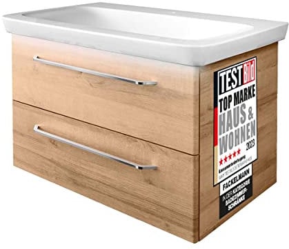 FACKELMANN Milano Badmöbel Set 3 Teile – Waschbecken aus Keramik in Weiß mit Unterschrank in Holz braun – Waschbeckenunterschrank mit Schubladen und Waschbeckenbeleuchtung – 88 cm breit