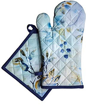 Maison d' Hermine Lazy Summer Days Ensemble Gant de Cuisine 100% Coton (19 cm x 33 cm) et manique (20cm x 20cm) pour Barbecue, Cuisson, Micro-Ondes, Printemps/été, fête mères