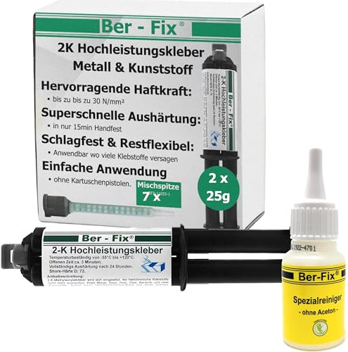 Ber-Fix 2x 25g 2K Hochleistungskleber EXPRESS 3 Min Kunststoff 2K Metallkleber Extra Stark + 5 Spitzen + Reiniger Metall Pvc GfK Holz Epoxid Harz frei auch als Kunststoff Spachtelmasse verwendbar