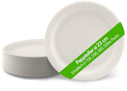 Ecocleo® Eco PAPPTELLER 100 Stück | 23cm Einweg Teller weiß BESCHICHTET | Papierteller, Teller Pappe, Einwegteller groß | Partygeschirr biologisch abbaubar und recycelbar | EU Made