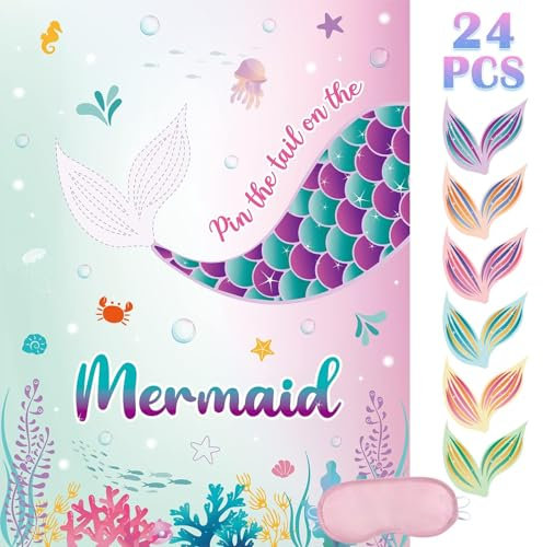 WERNNSAI Pin the Tail on the Mermaid Game – 71 x 53 cm Meerjungfrau-Partyspiel, 24 Stück, wiederverwendbare Schwanz-Aufkleber, Partyzubehör für Kinder, Mädchen, Geburtstagsparty-Sets