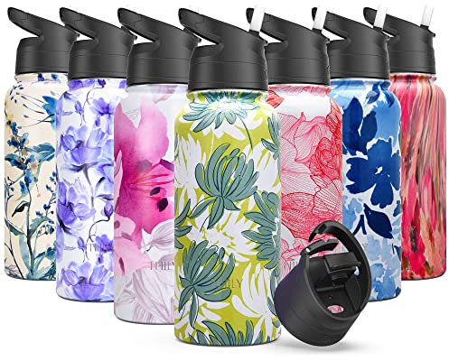 Stainless Steel Insulated Water Bottle - THILY Triple Insulated 945 ml Leakproof Wide Mouth Reusable Water Flask with 2 Lids and Straws, for Gym, Travel, Hiking, Green Chrysanthemum