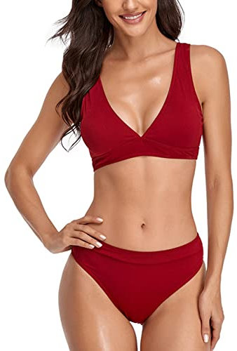 Ausla Damen Bikini Set Zweiteiliger Badeanzug Breiter Riemen Dreieck Triangel Bikini Swimsuit Low Rise Bademode (M-Weinrot)
